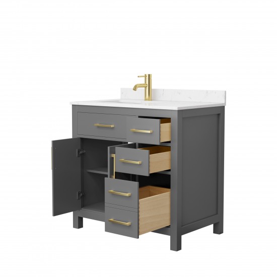 36 Inch Single Bathroom Vanity in Dark Gray, Carrara Cultured Marble Countertop, Sink, Gold Trim