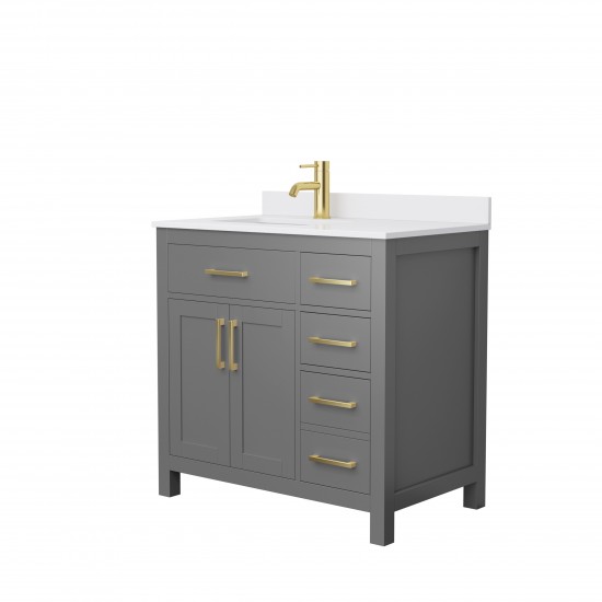 36 Inch Single Bathroom Vanity in Dark Gray, White Cultured Marble Countertop, Sink, Gold Trim