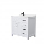 36 Inch Single Bathroom Vanity in White, Carrara Cultured Marble Countertop, Sink, Black Trim