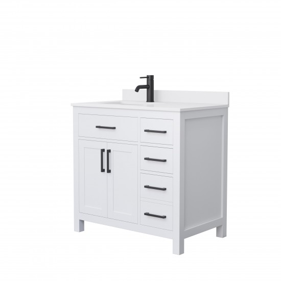 36 Inch Single Bathroom Vanity in White, White Cultured Marble Countertop, Sink, Black Trim