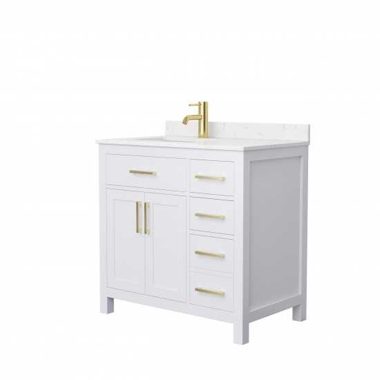 36 Inch Single Bathroom Vanity in White, Carrara Cultured Marble Countertop, Sink, Gold Trim