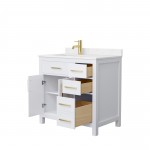 36 Inch Single Bathroom Vanity in White, Carrara Cultured Marble Countertop, Sink, Gold Trim