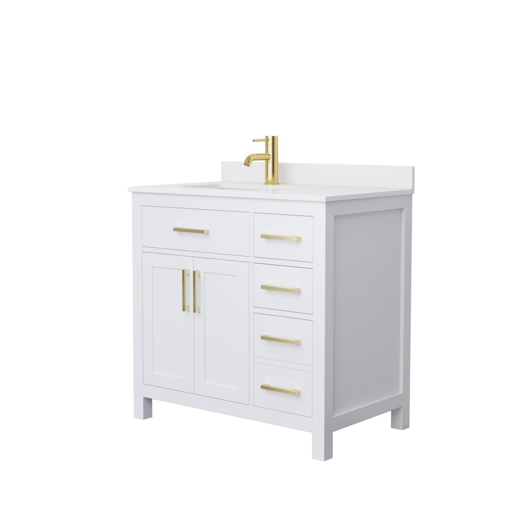 36 Inch Single Bathroom Vanity in White, White Cultured Marble Countertop, Sink, Gold Trim