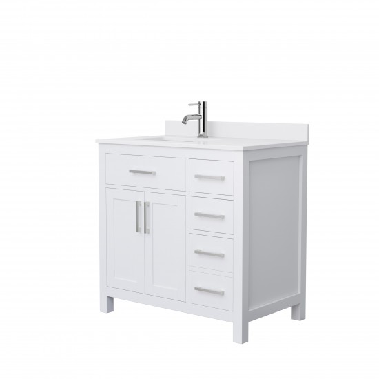 36 Inch Single Bathroom Vanity in White, White Cultured Marble Countertop, Sink, Nickel Trim