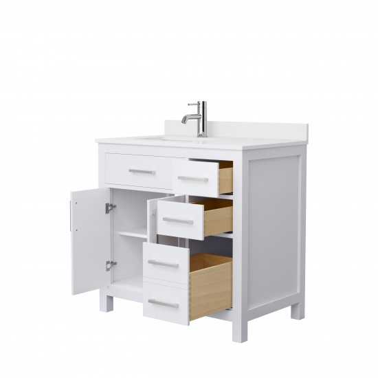 36 Inch Single Bathroom Vanity in White, White Cultured Marble Countertop, Sink, Nickel Trim