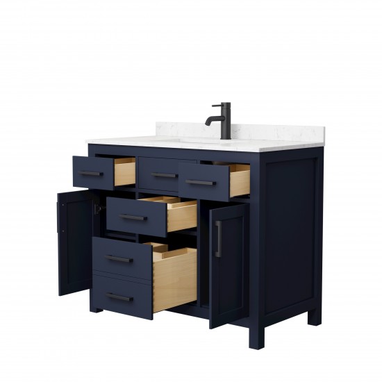 42 Inch Single Bathroom Vanity in Dark Blue, Carrara Cultured Marble Countertop, Sink, Black Trim