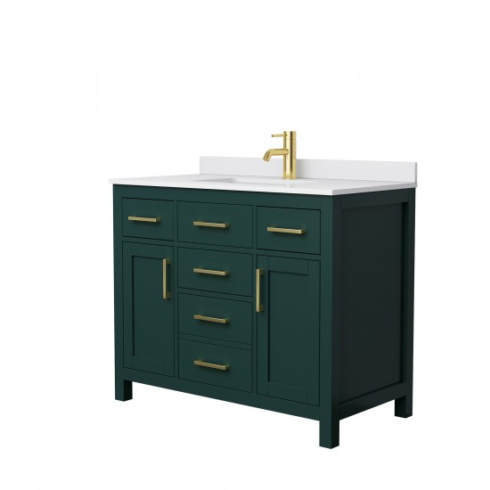 42 Inch Single Bathroom Vanity in Green, White Cultured Marble Countertop, Sink, Gold Trim