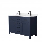 48 Inch Double Bathroom Vanity in Dark Blue, Carrara Cultured Marble Countertop, Sinks, Black Trim