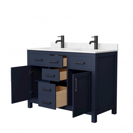 48 Inch Double Bathroom Vanity in Dark Blue, Carrara Cultured Marble Countertop, Sinks, Black Trim