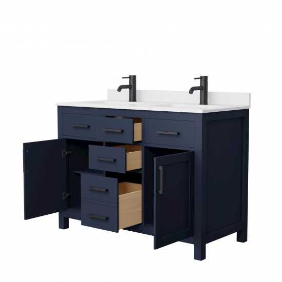 48 Inch Double Bathroom Vanity in Dark Blue, White Cultured Marble Countertop, Sinks, Black Trim