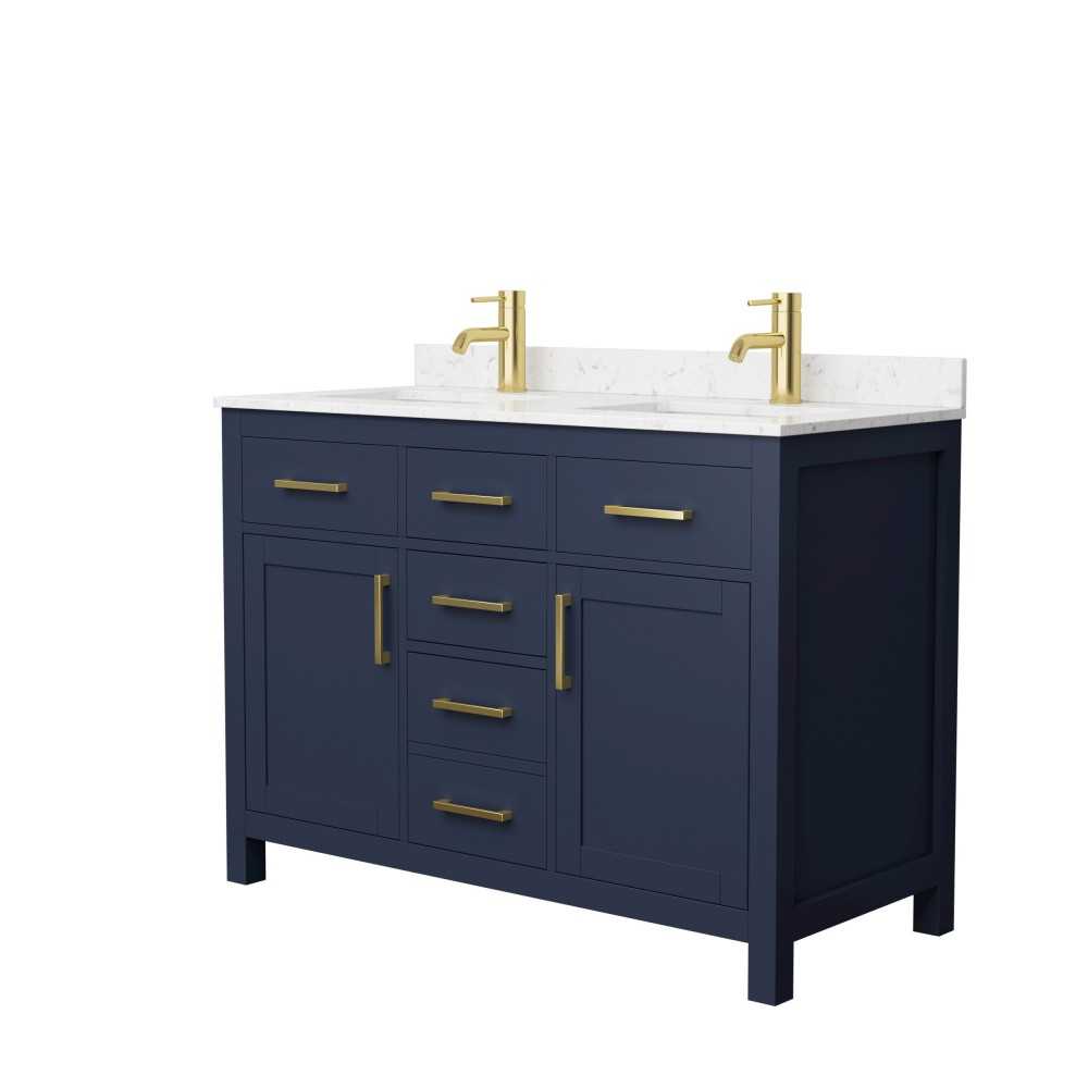 48 Inch Double Bathroom Vanity in Dark Blue, Carrara Cultured Marble Countertop, Sinks, Gold Trim