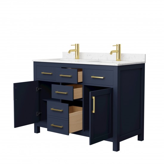 48 Inch Double Bathroom Vanity in Dark Blue, Carrara Cultured Marble Countertop, Sinks, Gold Trim