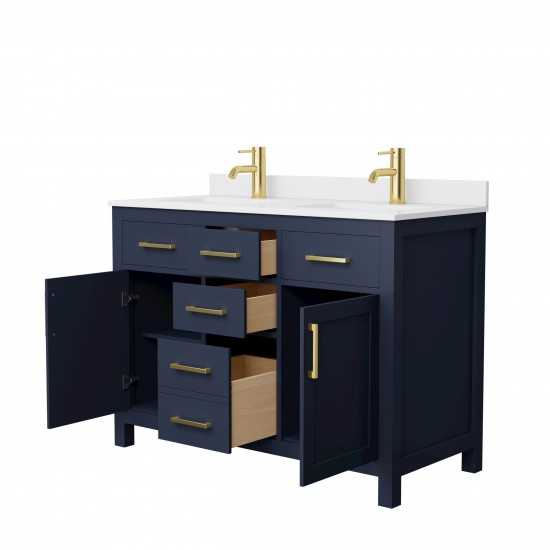 48 Inch Double Bathroom Vanity in Dark Blue, White Cultured Marble Countertop, Sinks, Gold Trim