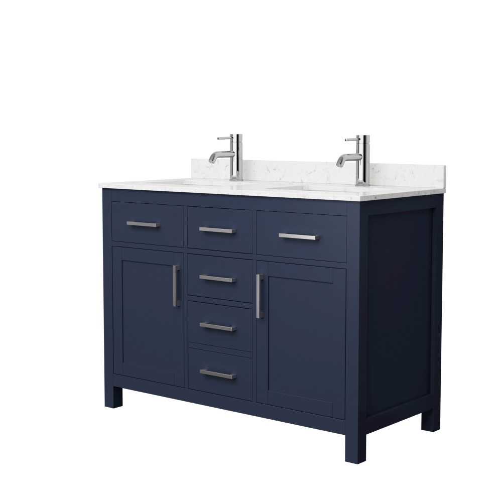 48 Inch Double Bathroom Vanity in Dark Blue, Carrara Cultured Marble Countertop, Sinks, Nickel Trim