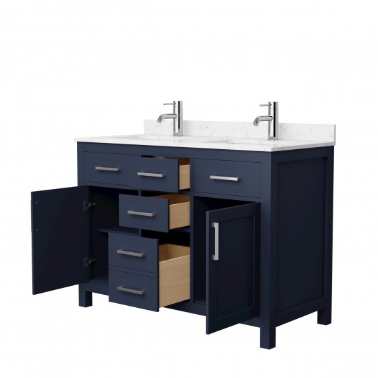 48 Inch Double Bathroom Vanity in Dark Blue, Carrara Cultured Marble Countertop, Sinks, Nickel Trim