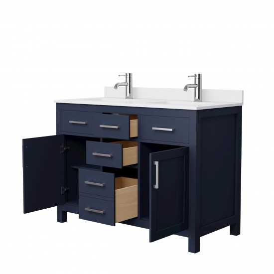 48 Inch Double Bathroom Vanity in Dark Blue, White Cultured Marble Countertop, Sinks, Nickel Trim