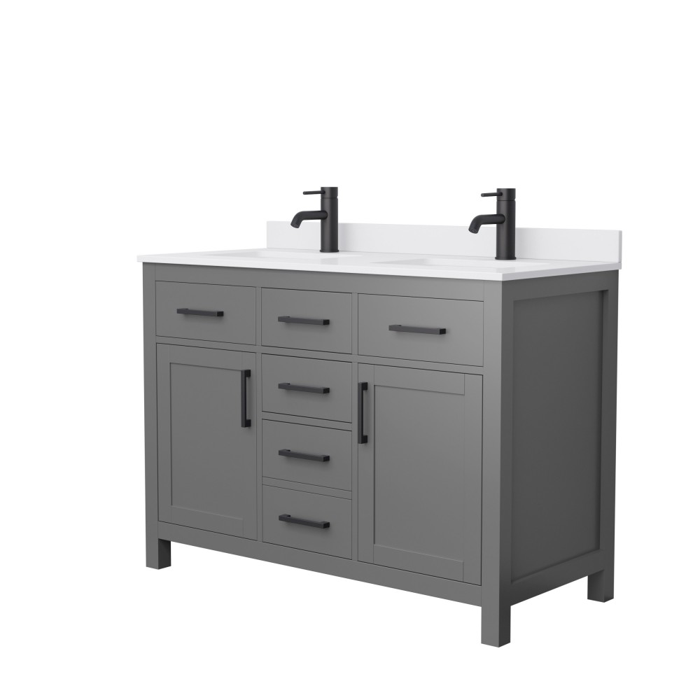 48 Inch Double Bathroom Vanity in Dark Gray, White Cultured Marble Countertop, Sinks, Black Trim 48 Inch Double Bathroom Vanity in Dark Gray, White Cultured Marble Countertop, Sinks, Black Trim