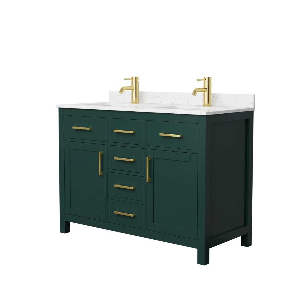 48 Inch Double Bathroom Vanity in Green, Carrara Cultured Marble Countertop, Sinks, Gold Trim