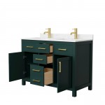 48 Inch Double Bathroom Vanity in Green, Carrara Cultured Marble Countertop, Sinks, Gold Trim