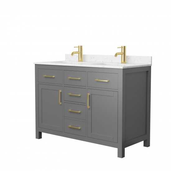 48 Inch Double Bathroom Vanity in Dark Gray, Carrara Cultured Marble Countertop, Sinks, Gold Trim