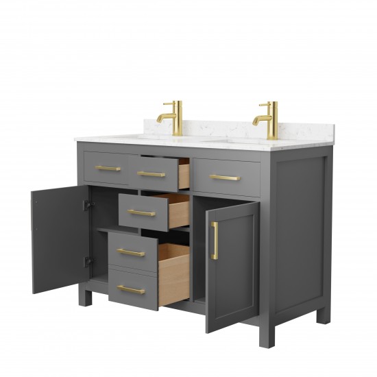 48 Inch Double Bathroom Vanity in Dark Gray, Carrara Cultured Marble Countertop, Sinks, Gold Trim