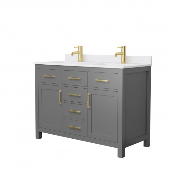 48 Inch Double Bathroom Vanity in Dark Gray, White Cultured Marble Countertop, Sinks, Gold Trim