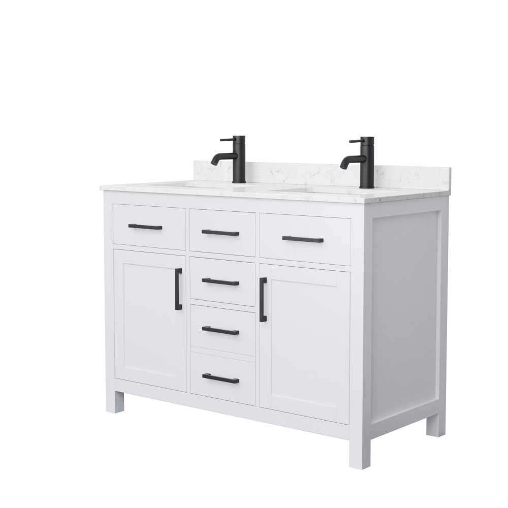 48 Inch Double Bathroom Vanity in White, Carrara Cultured Marble Countertop, Sinks, Black Trim