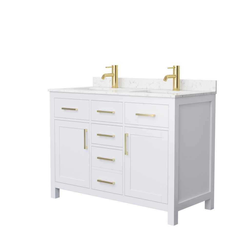 48 Inch Double Bathroom Vanity in White, Carrara Cultured Marble Countertop, Sinks, Gold Trim