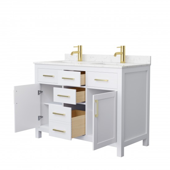 48 Inch Double Bathroom Vanity in White, Carrara Cultured Marble Countertop, Sinks, Gold Trim