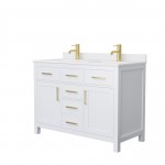 48 Inch Double Bathroom Vanity in White, White Cultured Marble Countertop, Sinks, Gold Trim