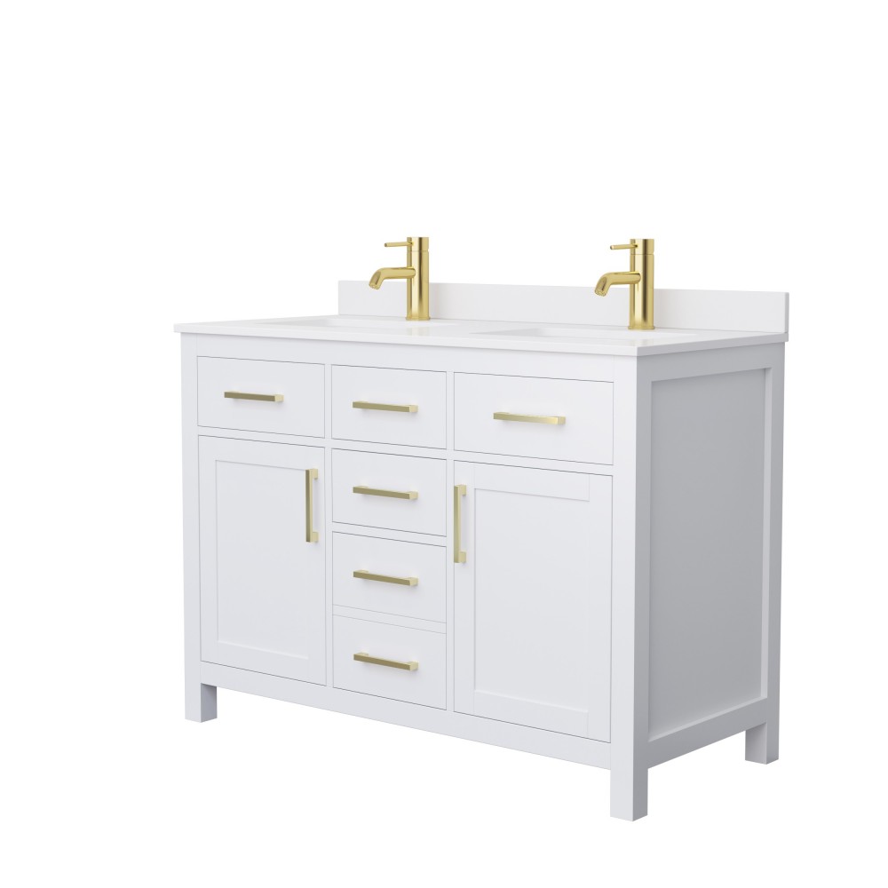 48 Inch Double Bathroom Vanity in White, White Cultured Marble Countertop, Sinks, Gold Trim