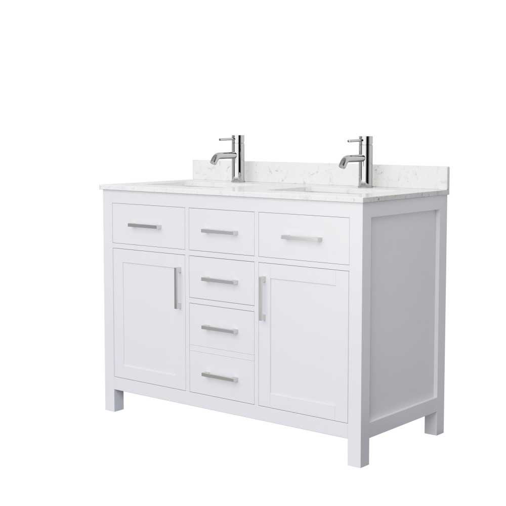 48 Inch Double Bathroom Vanity in White, Carrara Cultured Marble Countertop, Sinks, Nickel Trim