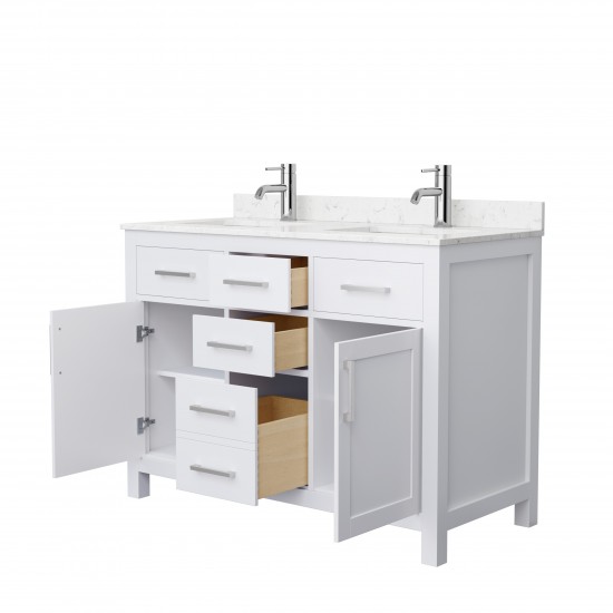 48 Inch Double Bathroom Vanity in White, Carrara Cultured Marble Countertop, Sinks, Nickel Trim