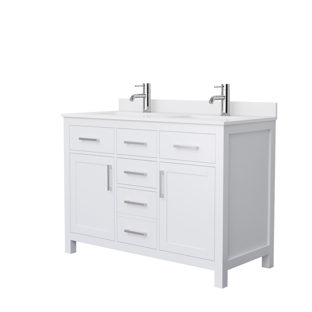 48 Inch Double Bathroom Vanity in White, White Cultured Marble Countertop, Sinks, Nickel Trim