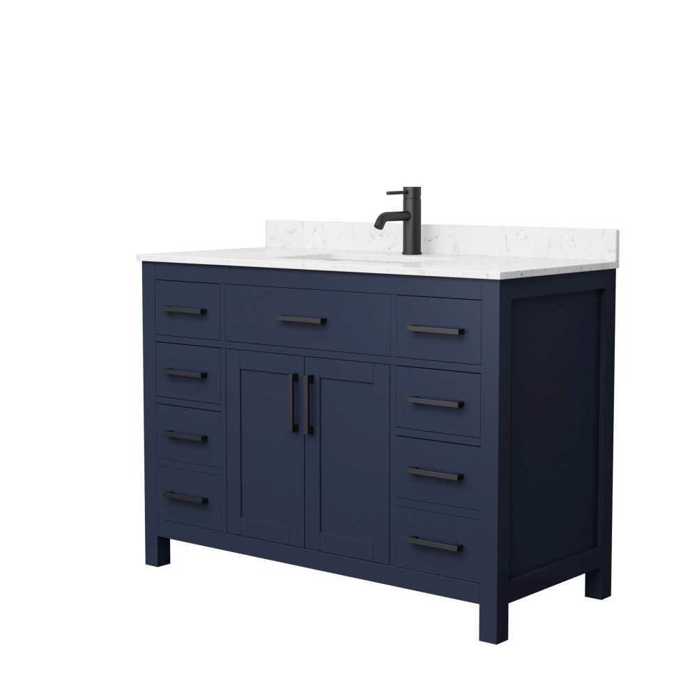 48 Inch Single Bathroom Vanity in Dark Blue, Carrara Cultured Marble Countertop, Sink, Black Trim