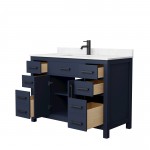 48 Inch Single Bathroom Vanity in Dark Blue, Carrara Cultured Marble Countertop, Sink, Black Trim