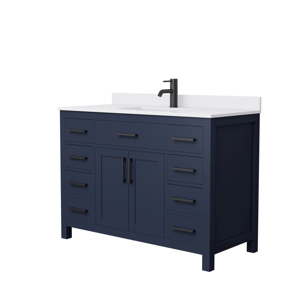 48 Inch Single Bathroom Vanity in Dark Blue, White Cultured Marble Countertop, Sink, Black Trim