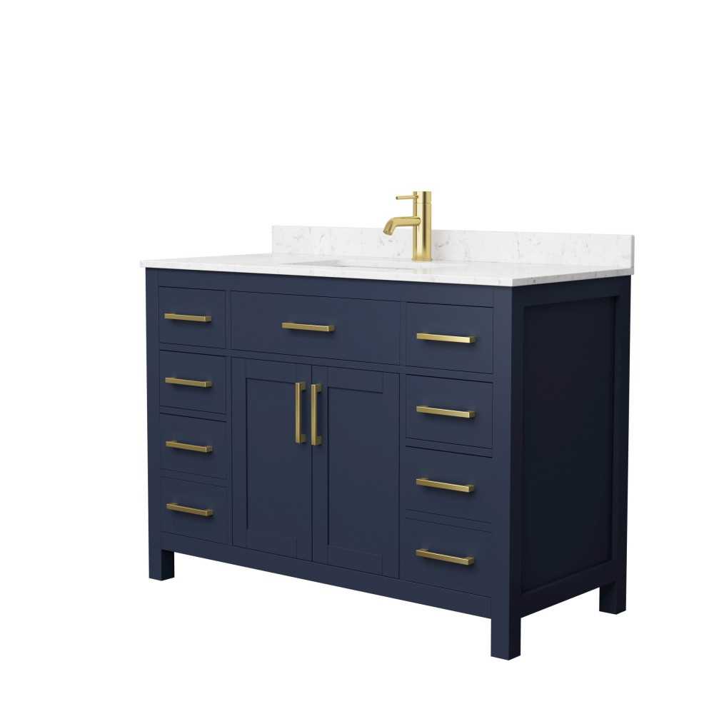 48 Inch Single Bathroom Vanity in Dark Blue, Carrara Cultured Marble Countertop, Sink, Gold Trim