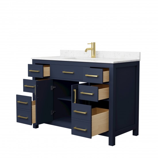 48 Inch Single Bathroom Vanity in Dark Blue, Carrara Cultured Marble Countertop, Sink, Gold Trim