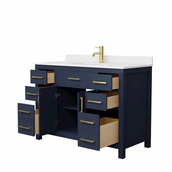 48 Inch Single Bathroom Vanity in Dark Blue, White Cultured Marble Countertop, Sink, Gold Trim