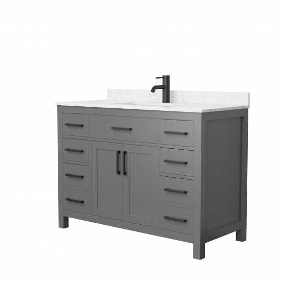 48 Inch Single Bathroom Vanity in Dark Gray, Carrara Cultured Marble Countertop, Sink, Black Trim