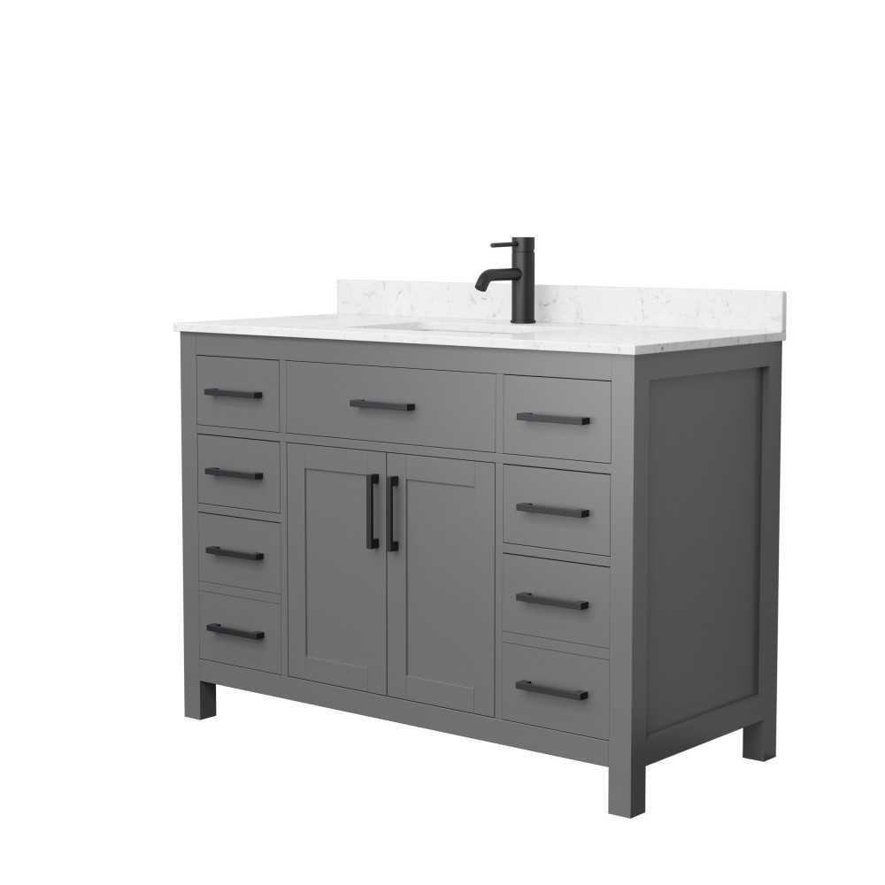 48 Inch Single Bathroom Vanity in Dark Gray, Carrara Cultured Marble Countertop, Sink, Black Trim