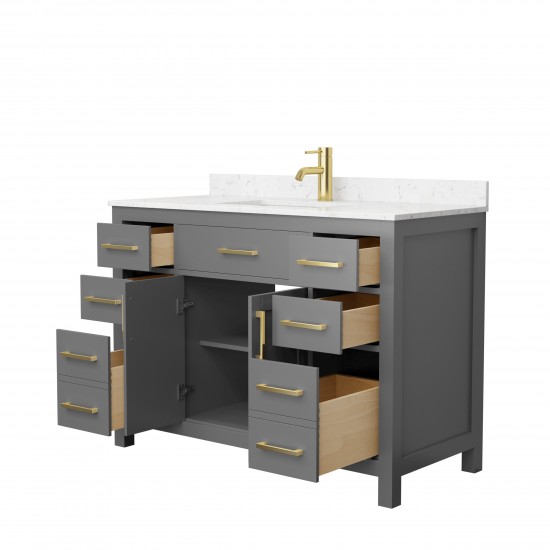 48 Inch Single Bathroom Vanity in Dark Gray, Carrara Cultured Marble Countertop, Sink, Gold Trim