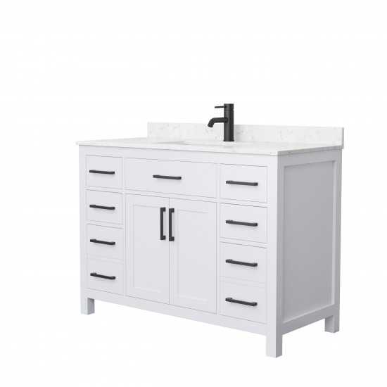 48 Inch Single Bathroom Vanity in White, Carrara Cultured Marble Countertop, Sink, Black Trim