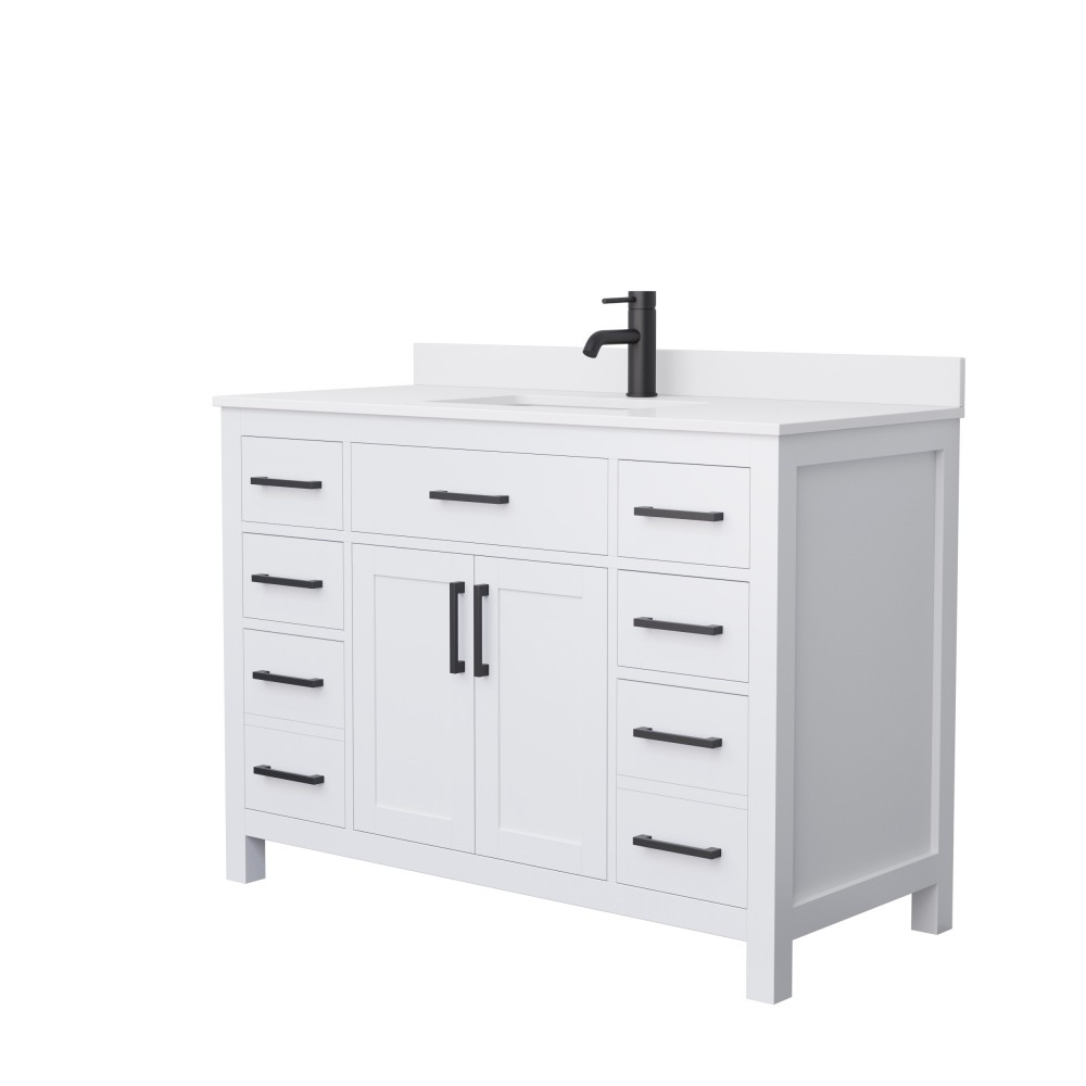 48 Inch Single Bathroom Vanity in White, White Cultured Marble Countertop, Sink, Black Trim