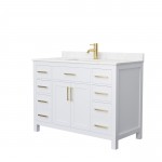 48 Inch Single Bathroom Vanity in White, Carrara Cultured Marble Countertop, Sink, Gold Trim