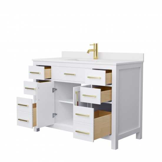 48 Inch Single Bathroom Vanity in White, White Cultured Marble Countertop, Sink, Gold Trim