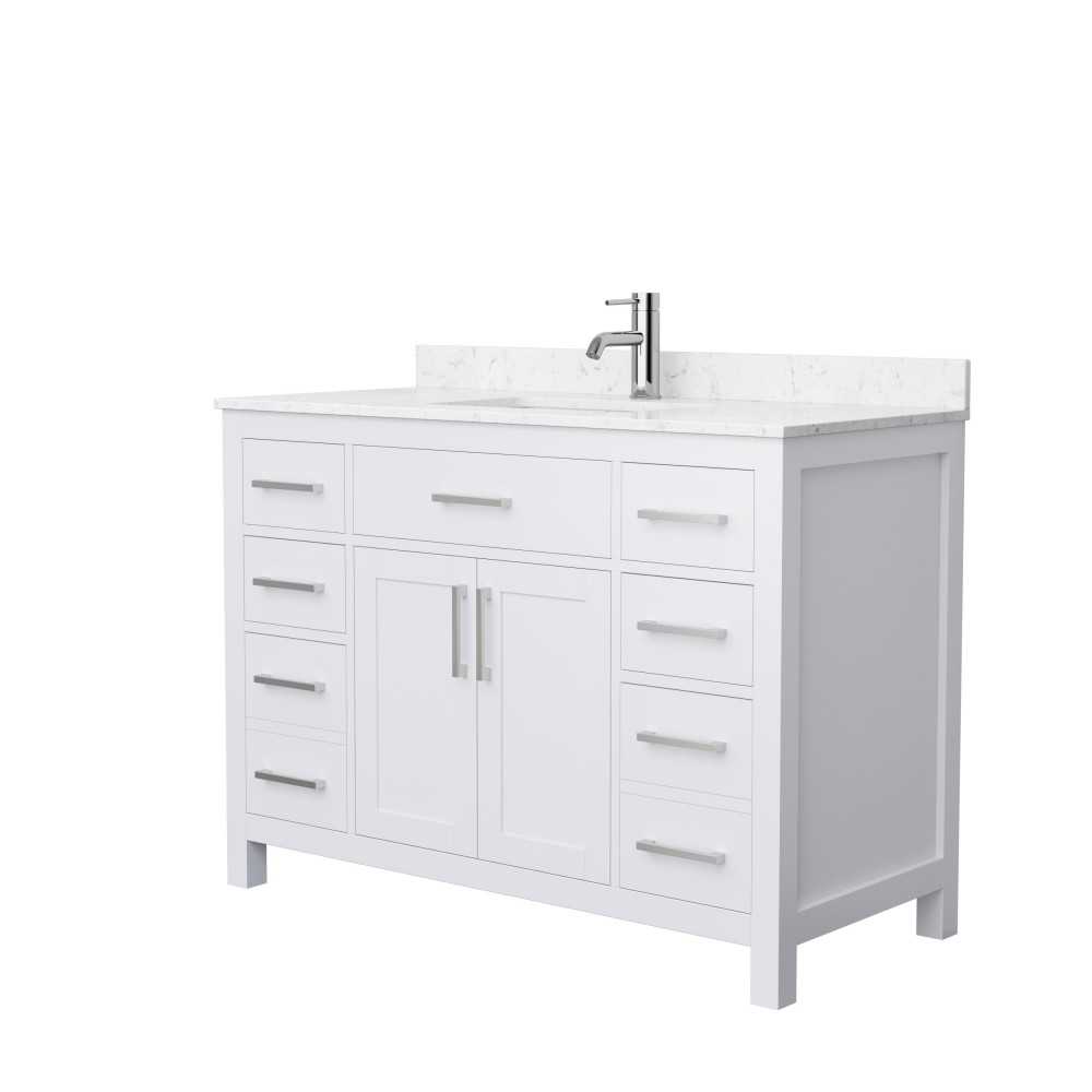 48 Inch Single Bathroom Vanity in White, Carrara Cultured Marble Countertop, Sink, Nickel Trim