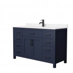 54 Inch Single Bathroom Vanity in Dark Blue, Carrara Cultured Marble Countertop, Sink, Black Trim