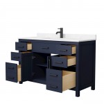 54 Inch Single Bathroom Vanity in Dark Blue, Carrara Cultured Marble Countertop, Sink, Black Trim